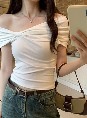 One neck short sleeved T-shirt for women 纯色一字领短袖T恤女