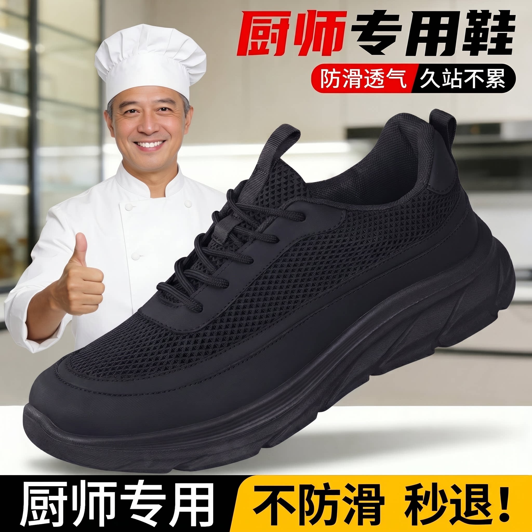 厨师防滑鞋男新款软底透气厨房不累脚老北京布鞋黑网面运动工作鞋
