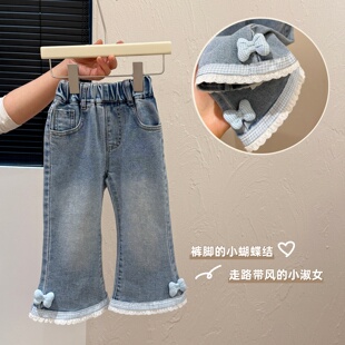 女童春装 子童装 洋气蓝色蝴蝶结牛仔裤 儿童裤 潮 女宝宝休闲长裤 新款