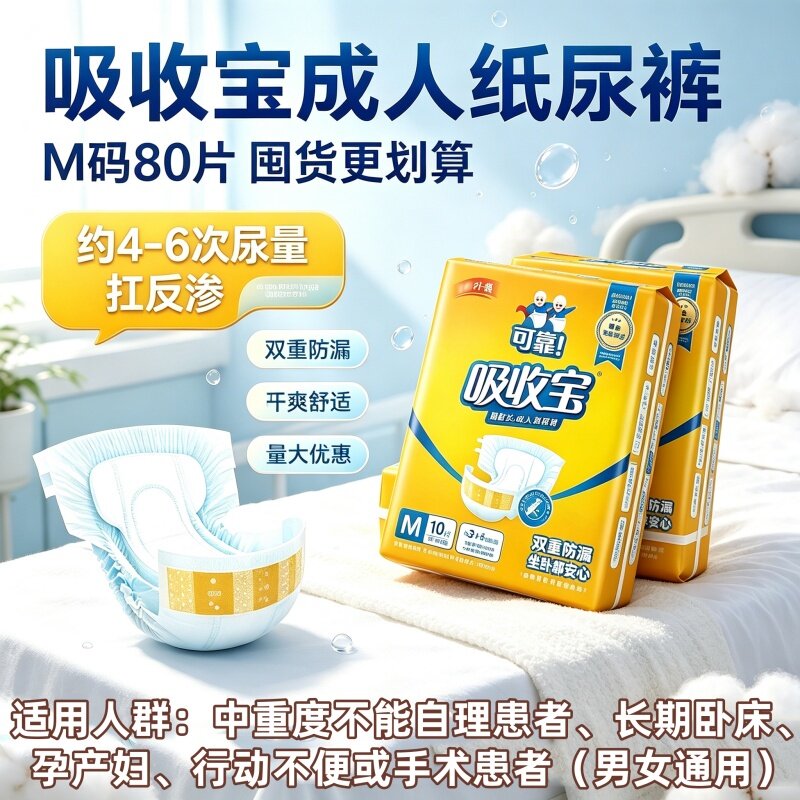可靠双芯强吸吸收宝成人纸尿裤M码老人男女尿不湿整箱80片防漏