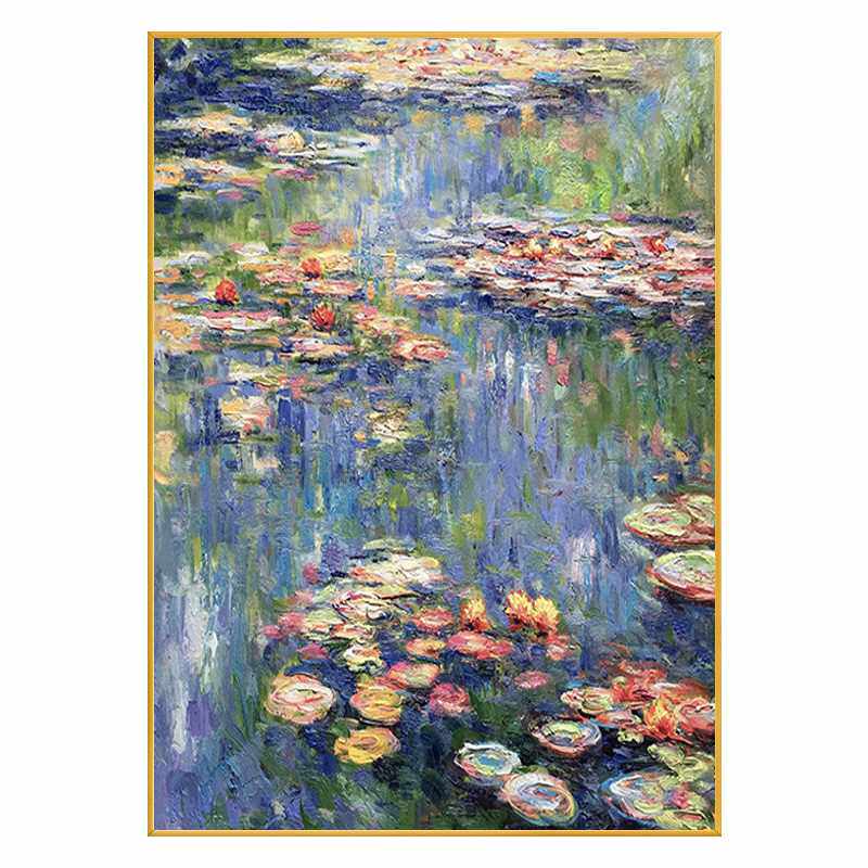 高档世界名画莫奈手绘睡莲手工油画别墅玄关挂画美式轻奢走廊装饰