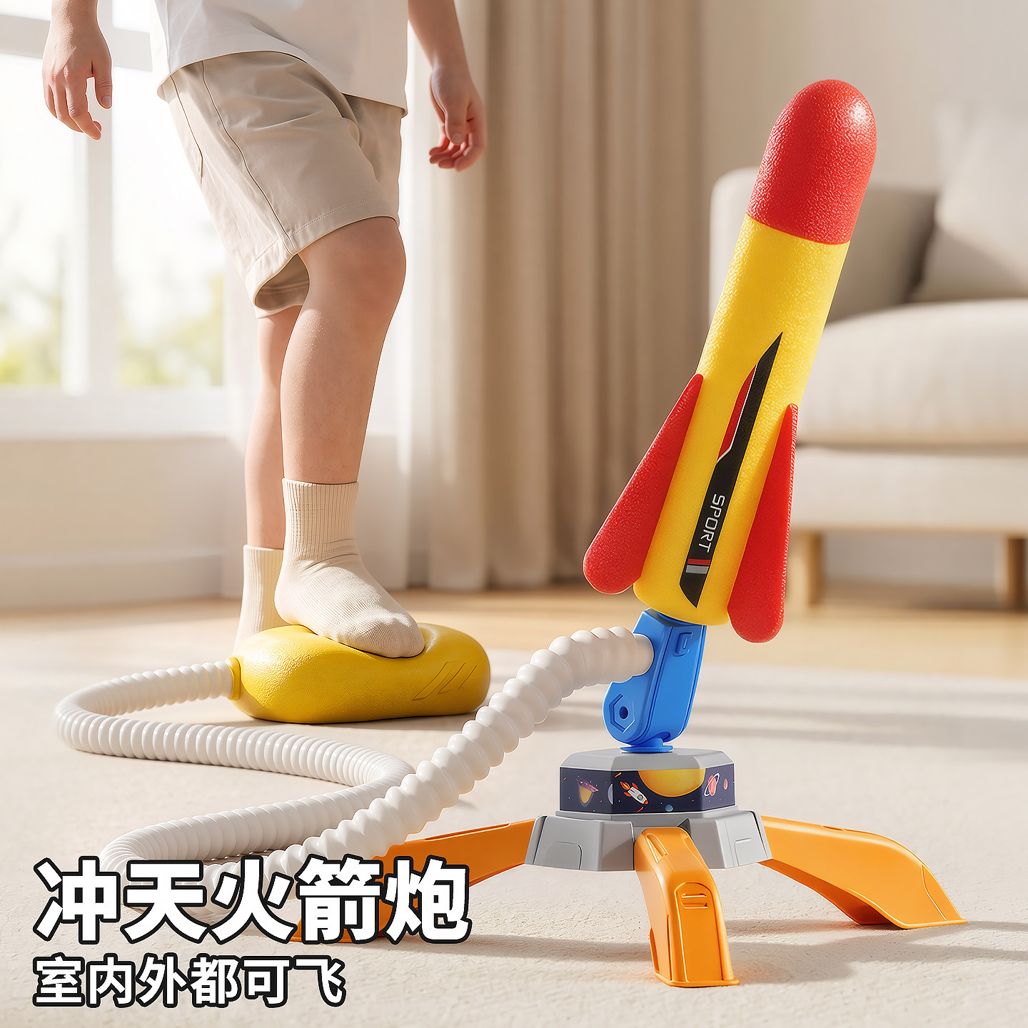 脚踩冲天小飞箭发光火箭炮玩具