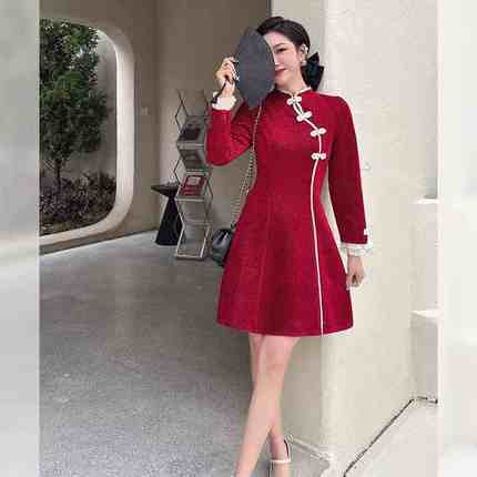 新中式国风改良旗袍红色连衣裙女春秋季新款小个子收腰显瘦包臀裙