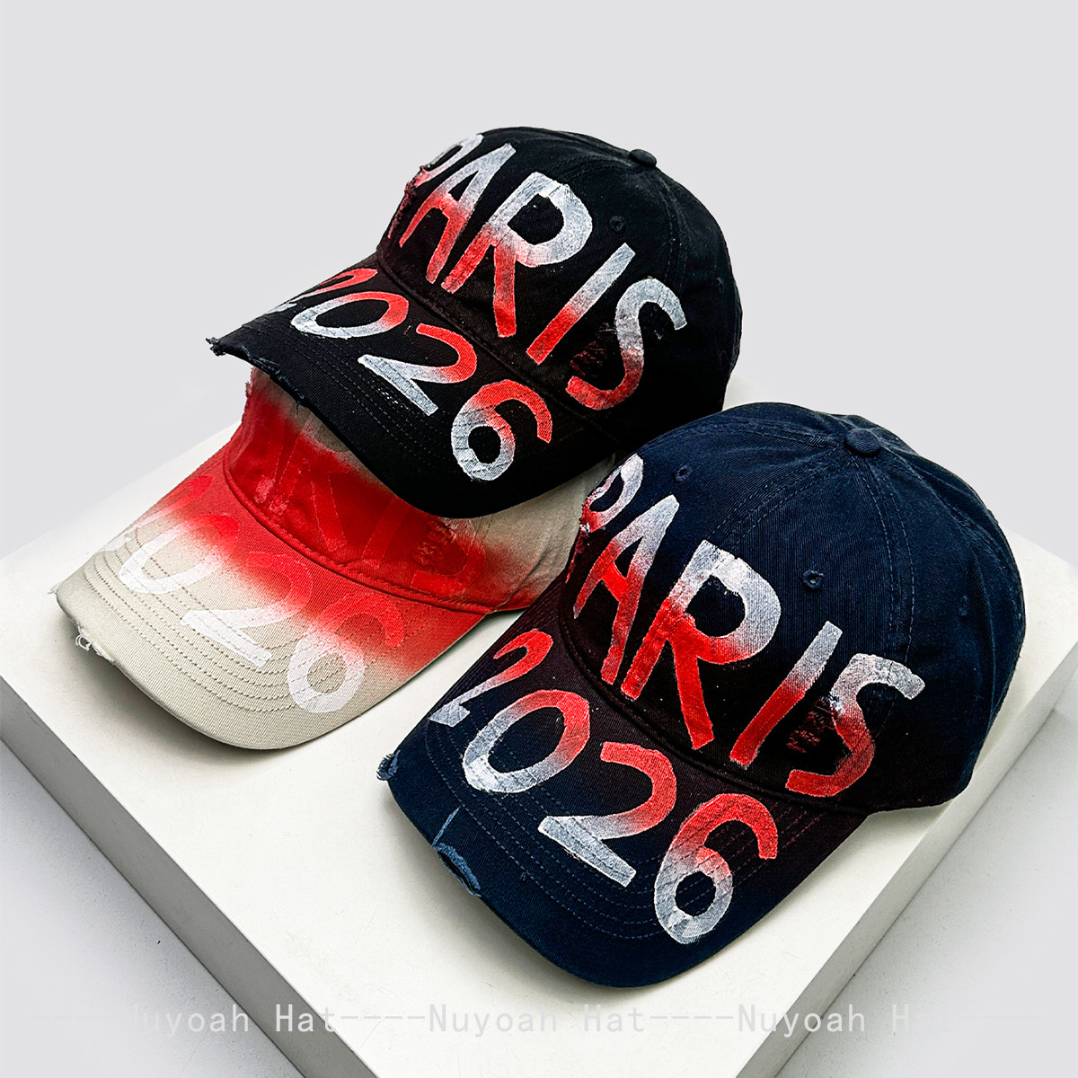 春夏新款复古渐变色印花涂鸦字母棒球帽子男女遮阳个性做旧鸭舌帽