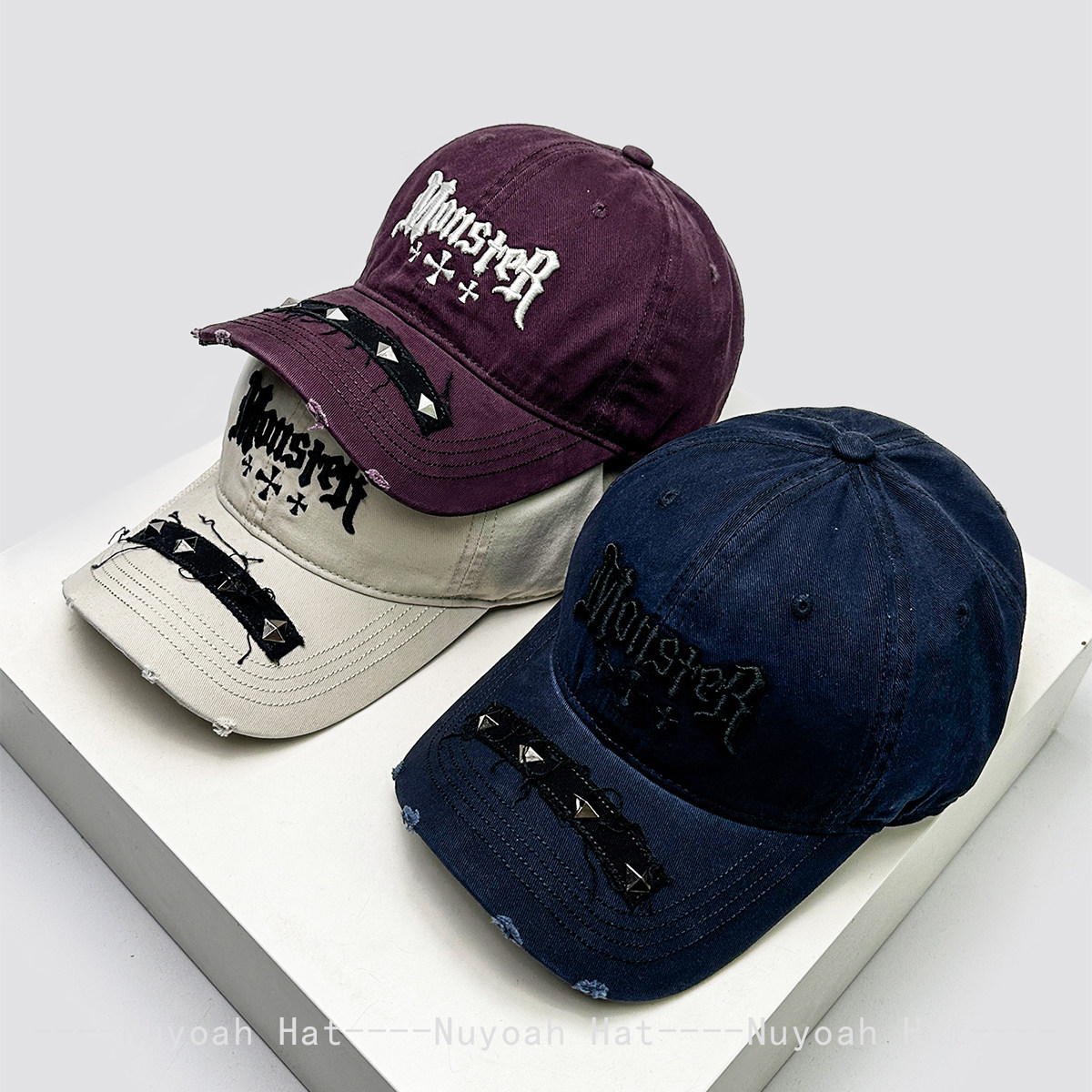 春夏新款美式破洞字母刺绣铆钉棒球帽子男女遮阳十字架街头鸭舌帽