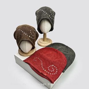 秋冬新款美式复古铆钉五角星堆堆针织帽子男女保暖个性冷帽套头帽