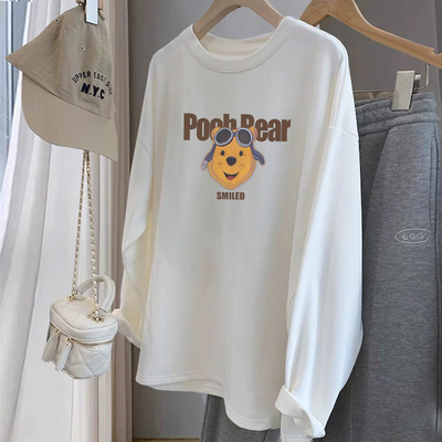 秋冬德绒白色韩版t恤女长袖印花宽松百搭中长款圆领慵懒风打底衫