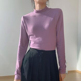 上衣潮 百搭修身 半高领打底衫 女内搭秋冬加厚磨毛德绒保暖秋衣长袖