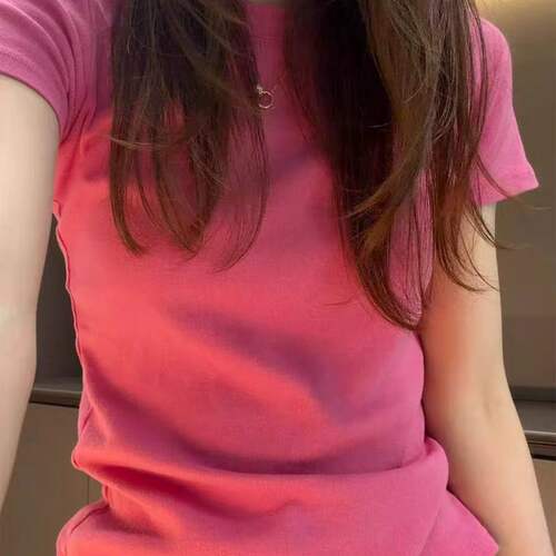 莓红色纯棉正肩短袖t恤女2026夏季新款bm风甜辣宽松显瘦百搭上衣