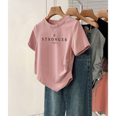 不规则短款纯棉正肩短袖T恤女2024年新款设计感小众粉色上衣T恤