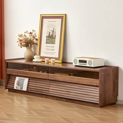 新款北美黑胡桃木带灯光电视柜北欧实木原木客厅樱桃木落地视听柜