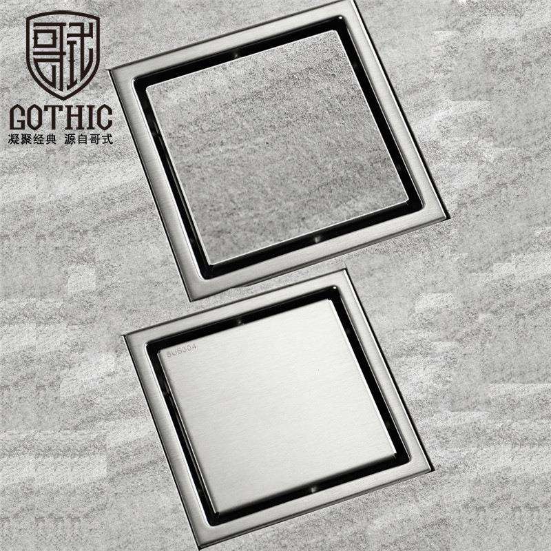 哥式GOTHIC304不锈钢拉丝150MM大排量地漏隐藏可贴瓷砖两用防臭芯