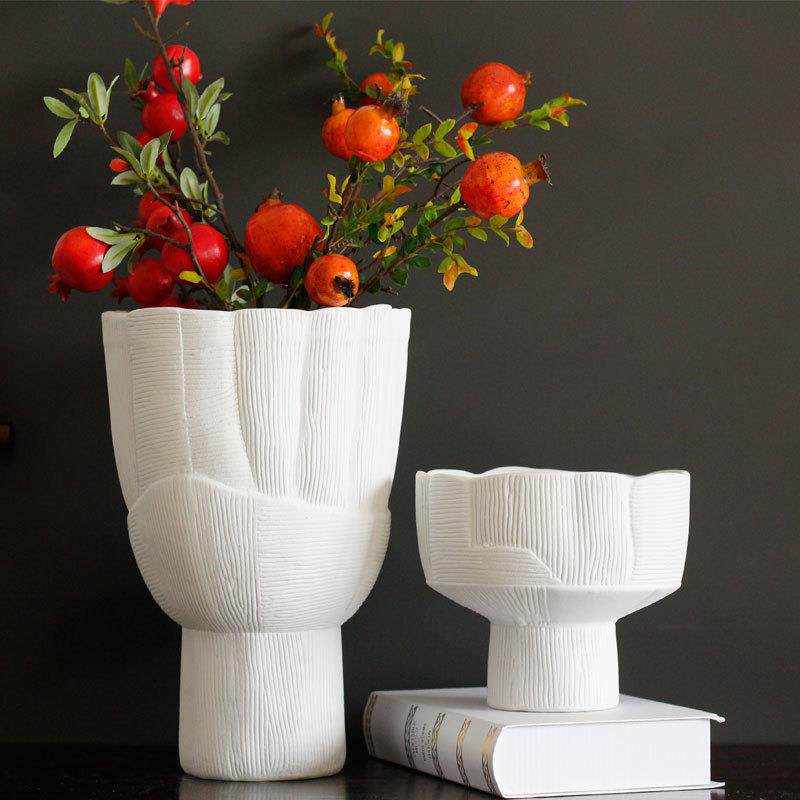 轻奢简约陶瓷家居宴赏玄关客厅白花盆编织纹鼎条纹异形花器大花瓶