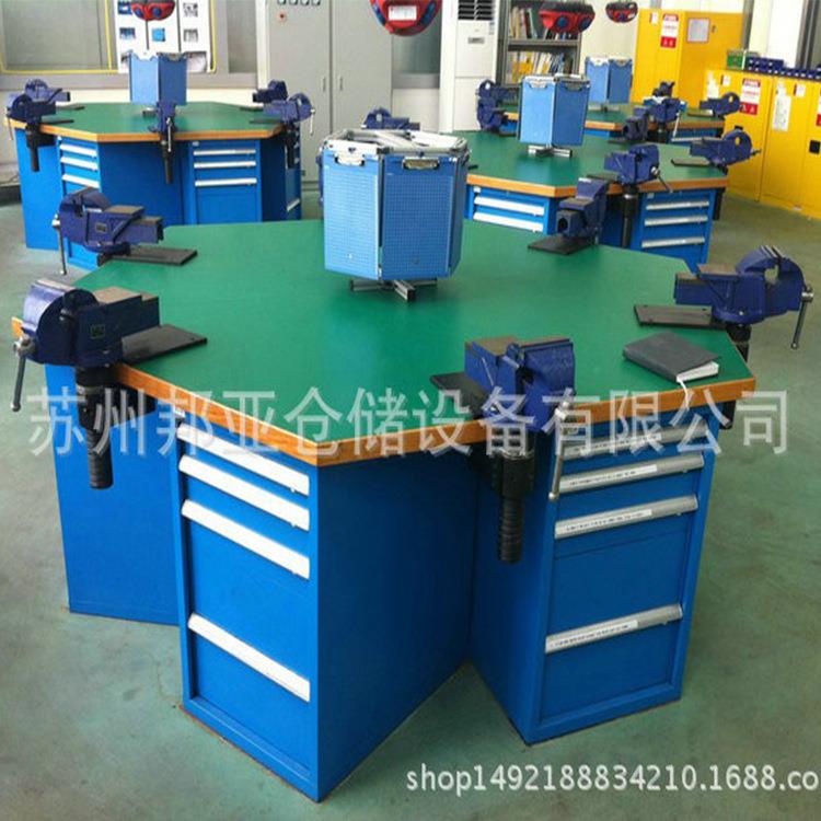 学校学生六角桌六角不锈钢重型工作台钳工桌榉木实木六边工作台