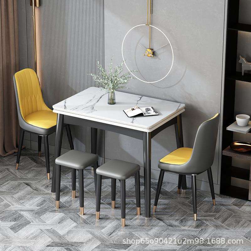 岩板折叠家用小户型实木现代简约饭桌长方形桌椅组合