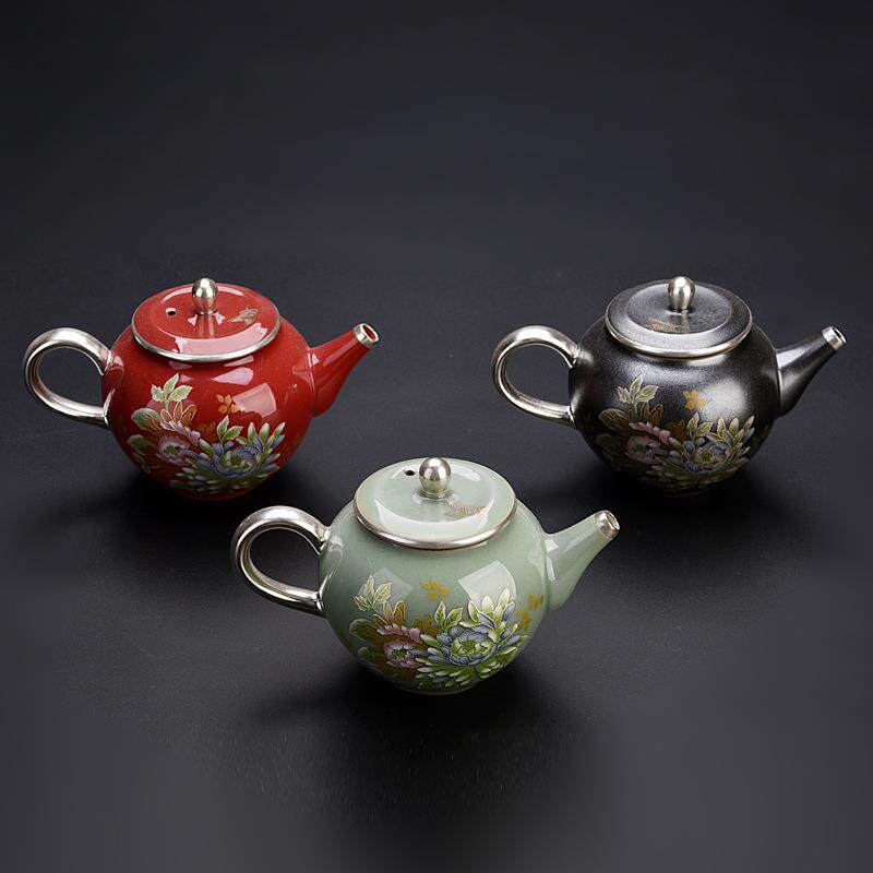 鎏银茶壶小号复古纯手工家用中国红冲茶器茶具单壶陶瓷泡茶牡丹壶