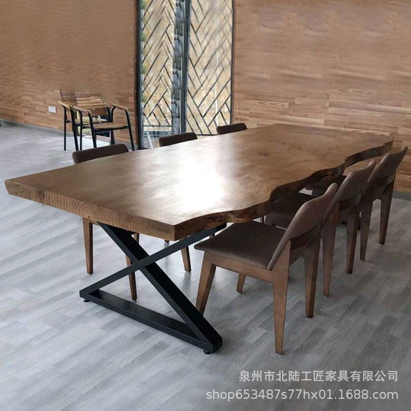 现代原木大板会议桌复古实木电脑桌设计师工作台loft工业风办公桌