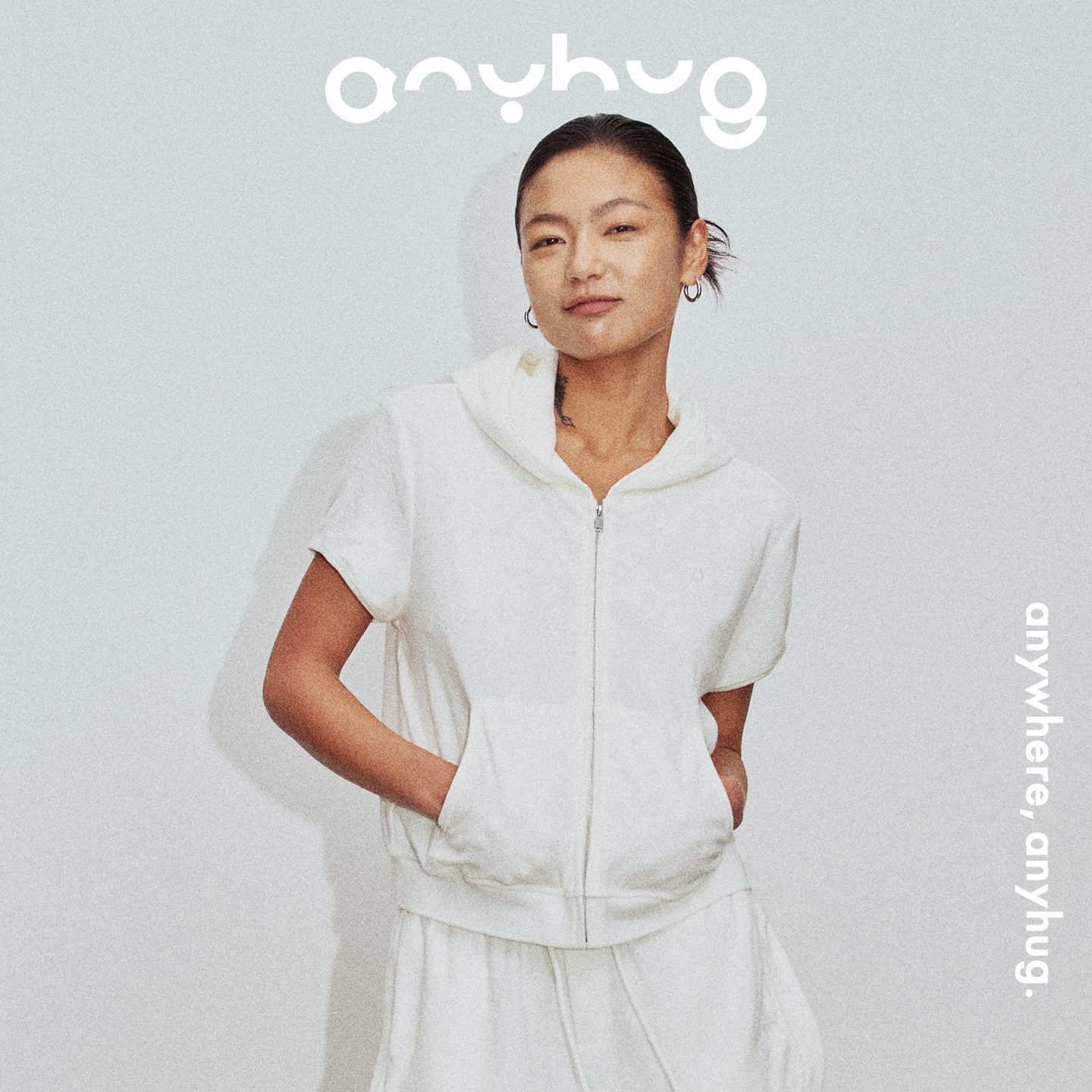 AnyHug 汉麻连帽短袖T恤女夏季白色正肩拉链帽衫百搭休闲显瘦上衣