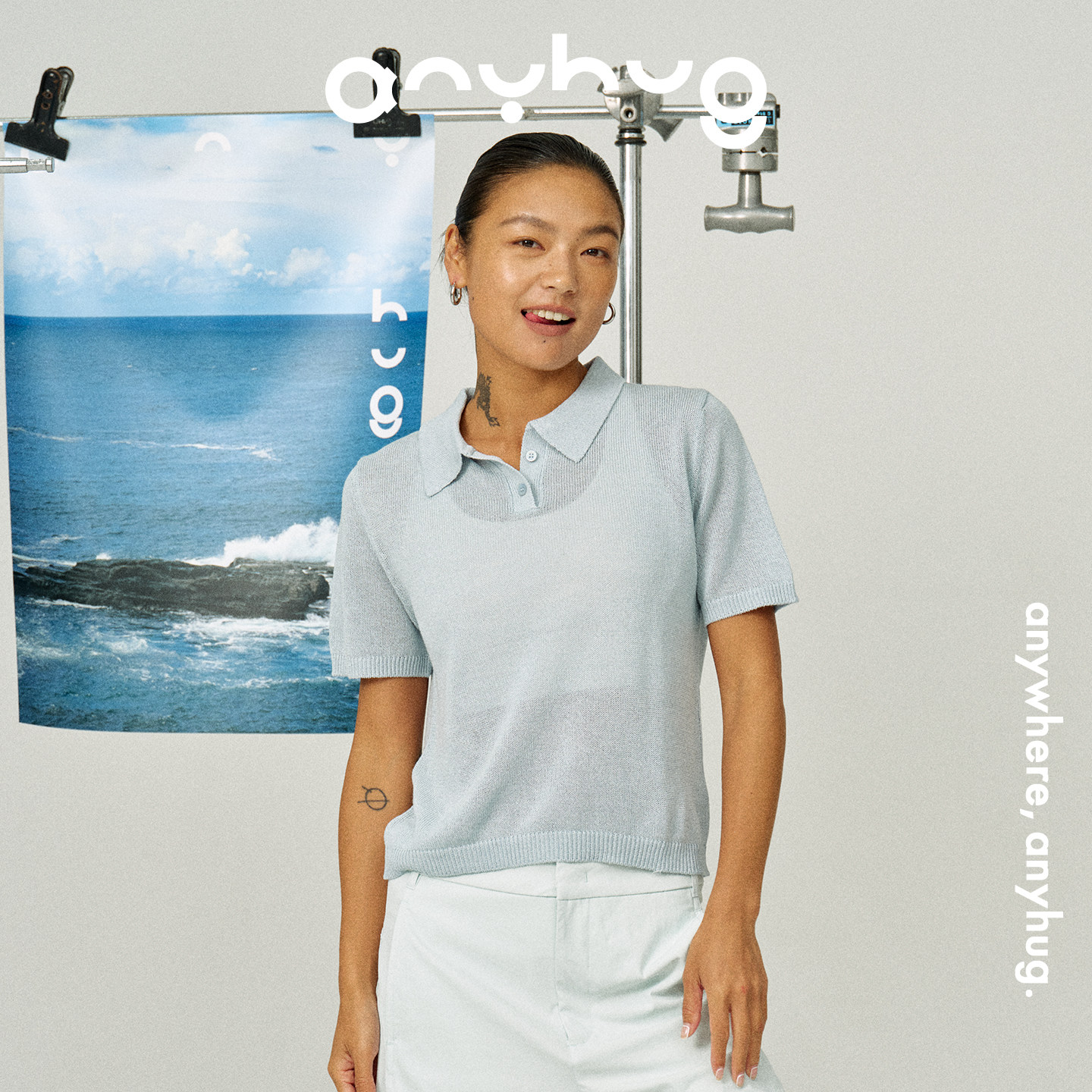 AnyHug 糖果色翻领短袖上衣女夏装度假柔软透气宽松针织POLO衫