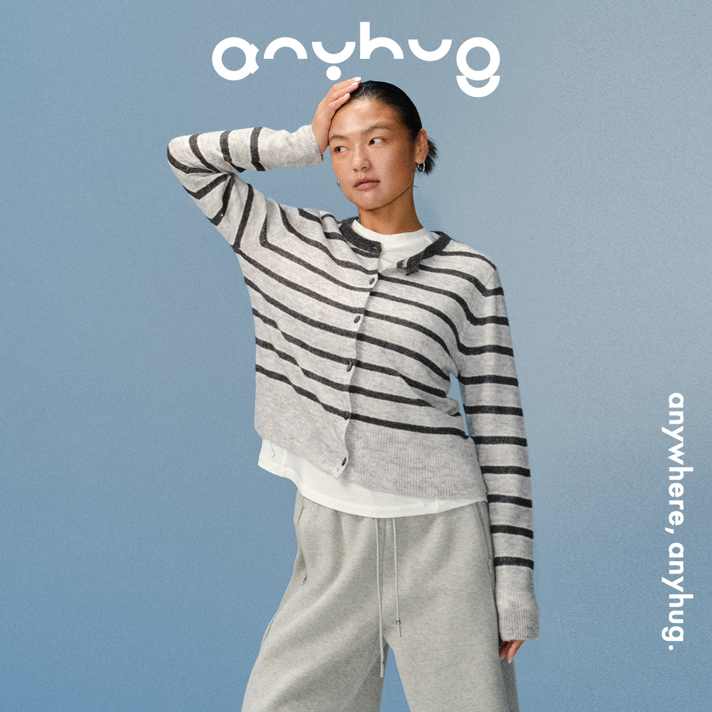 AnyHug 羊毛条纹针织衫女早秋薄款长袖开衫上衣复古通勤显瘦外套图片