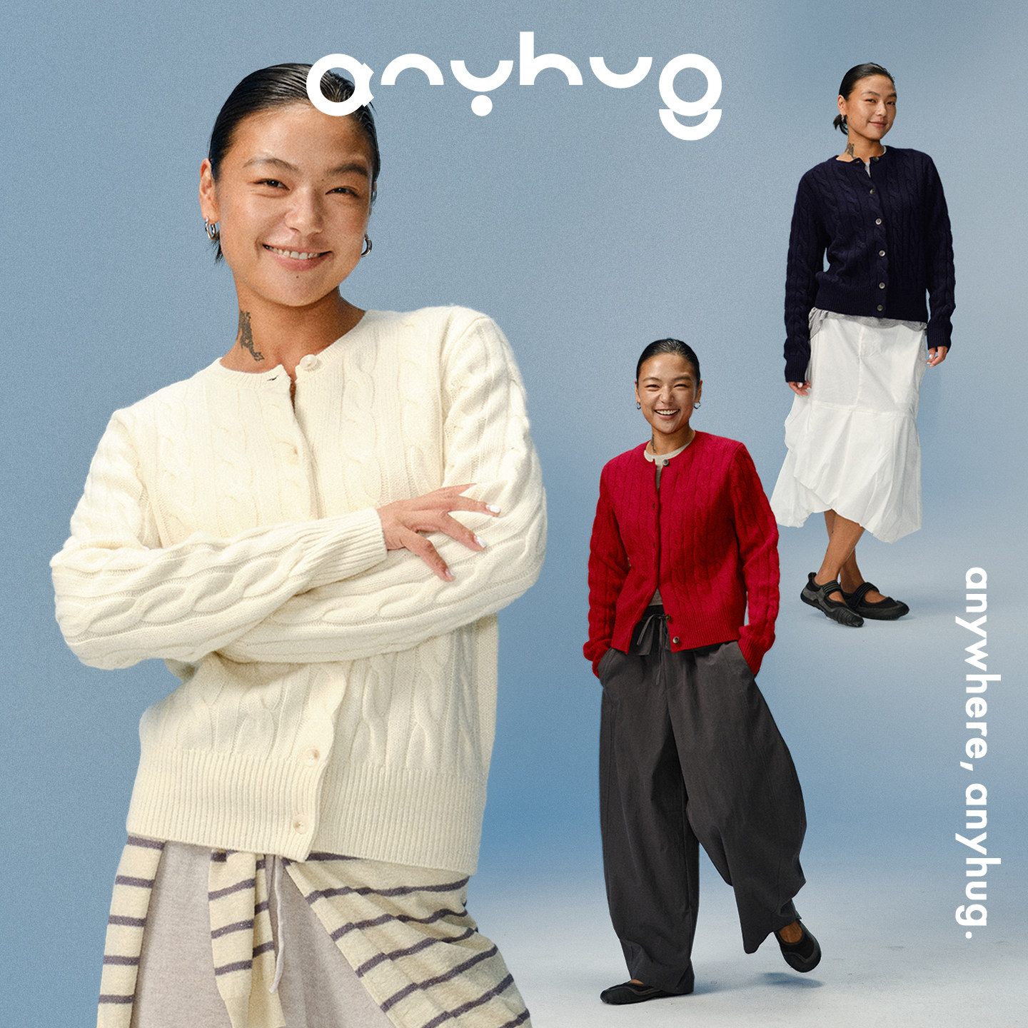 AnyHug 100%棉羊毛绞花针织开衫上衣女秋冬修身百搭圆领毛衣外套