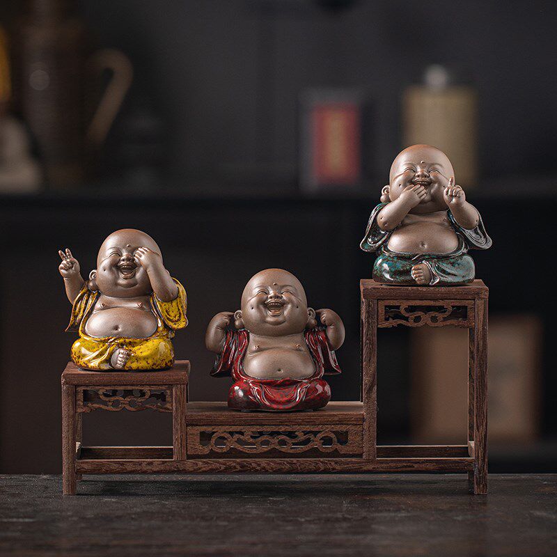 久造中式禅意三不弥勒佛像小摆件陶瓷笑佛客厅玄关装饰品高端茶宠