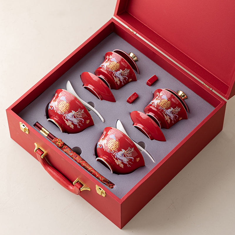 高档结婚改口敬茶杯喜碗套装精致小众陪嫁陶瓷碗筷茶具礼品送新娘