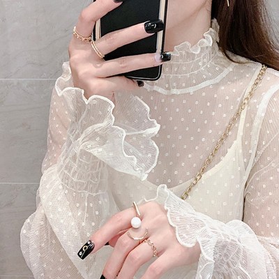 木耳边蕾丝打底衫女春季内搭时尚洋气喇叭袖纱衣白色高领网纱上衣
