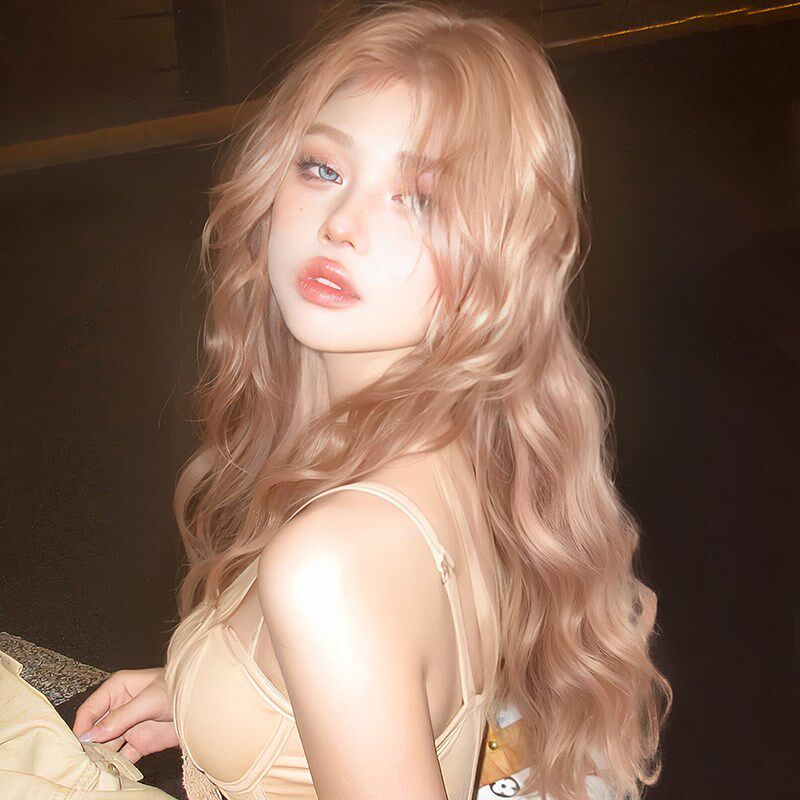 粉金色假发女长发夏天薄款前额蕾丝中分水波纹羊毛卷假发全头套女