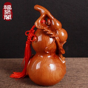 桃木葫芦实心摆件福字镇宅招财五福木雕挂件客厅办公室卧室工艺品