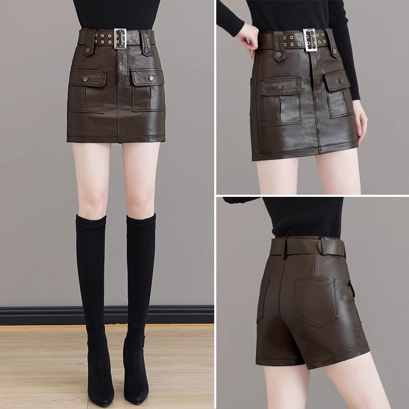 pu皮裙半身裙裤秋冬女2024新款短裙百搭咖色高腰修身a字包臀裤裙