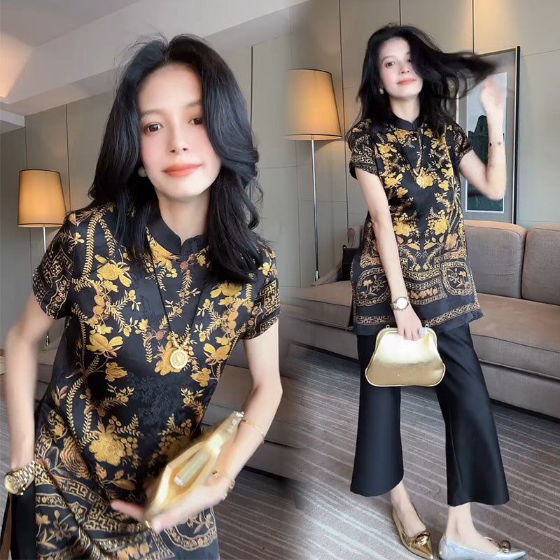 国风时尚套装女夏季新款高档气质开叉中长款花色衬衫阔腿裤两件套