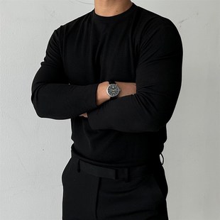小圆领德绒卫衣肌肉男欧美风穿搭修身 长袖 t恤毛呢保暖内搭打底衫