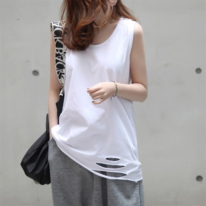 破洞吊带背心女夏外穿加肥加大码遮肚胖mm宽松无袖上衣内搭打底衫