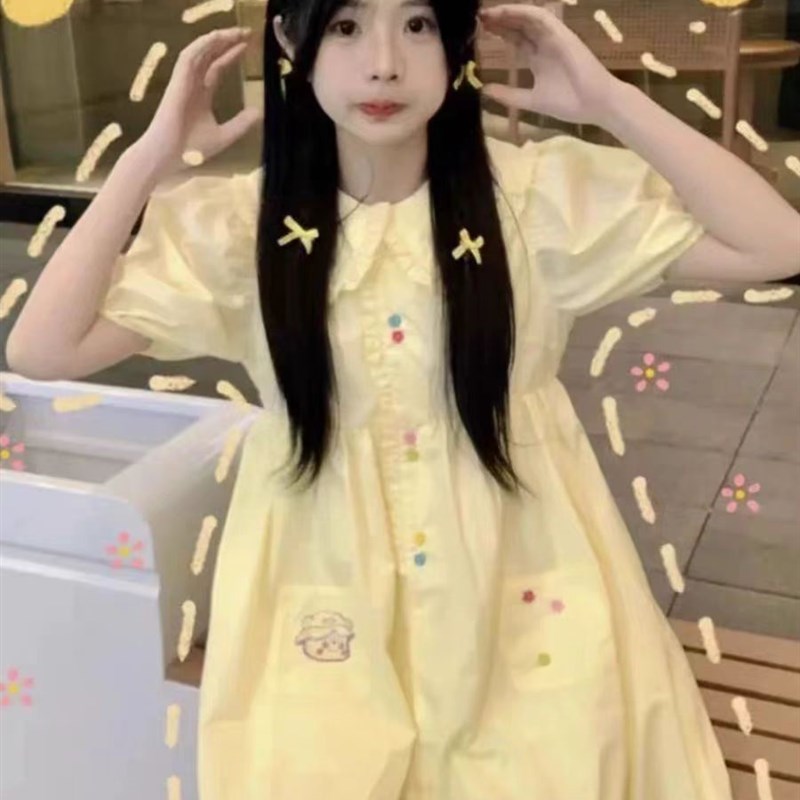 2024新款中大童装学院风娃娃领连衣裙儿童夏季宽松a字裙子女童