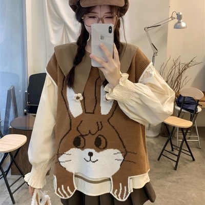 时尚套装女秋季新款娃娃领衬衫叠穿可爱毛衣针织马甲百褶裙三件套