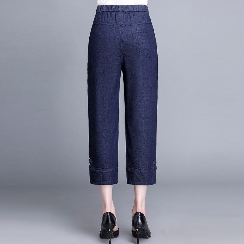 妈妈牛仔裤八分裤绣花洋气中老年女宽松中年女夏季七分裤薄款棉质