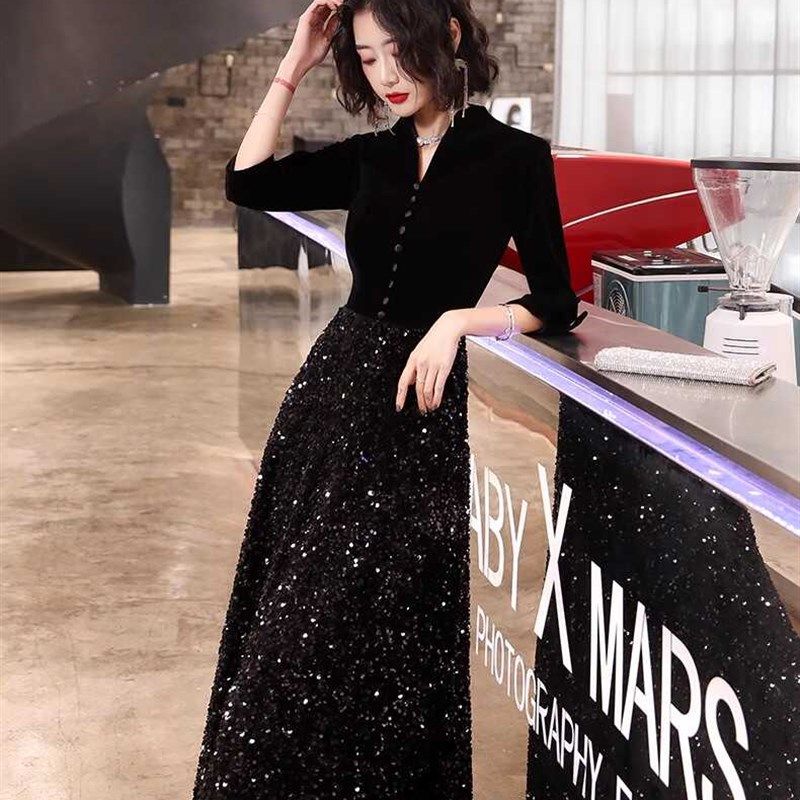 高档晚礼服女宴会气质高级感高端小众轻奢黑色亮片指挥晚宴主持人