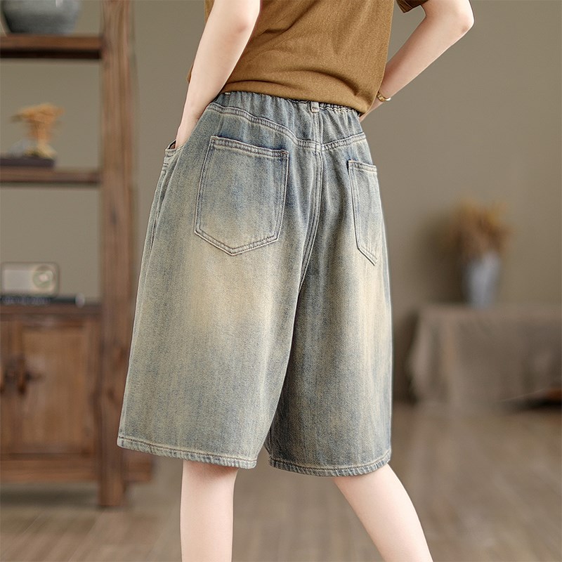 复古怀旧牛仔短裤女夏2024新款大码百搭松紧腰显瘦a字阔腿五分裤