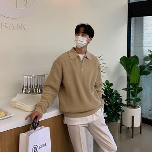 半拉链毛衣男秋冬季 宽松古着vintage休闲上衣 2022爆款 翻领针织衫