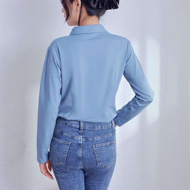 2024秋暗扣正装面试衬衫女长袖收腰弹力纯棉方领大码职业打底衬衣