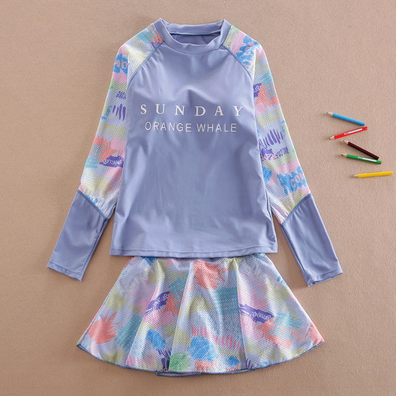女大童长袖防晒泳衣儿童分体裙式平角裤学生泳装13女孩游泳衣15岁