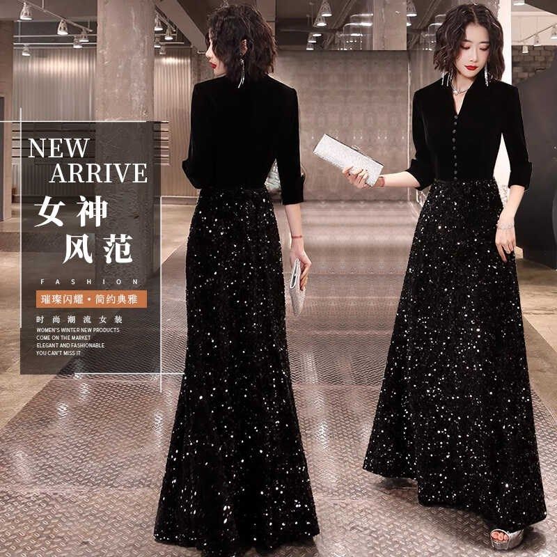 高档晚礼服女宴会气质高级感高端小众轻奢黑色亮片指挥晚宴主持人