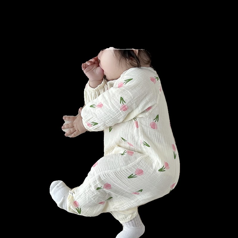 婴儿春夏季薄款连体衣纱布纯棉长袖夏天女宝宝睡衣男童家居空调服