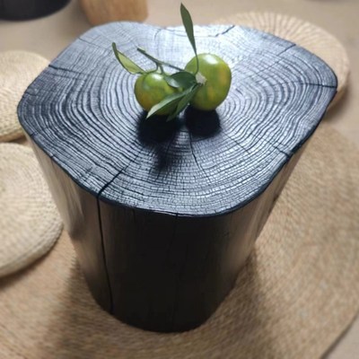 侘寂风简约时尚木墩圆凳根雕底座碳化黑树桩摆件实木桩原木换鞋凳