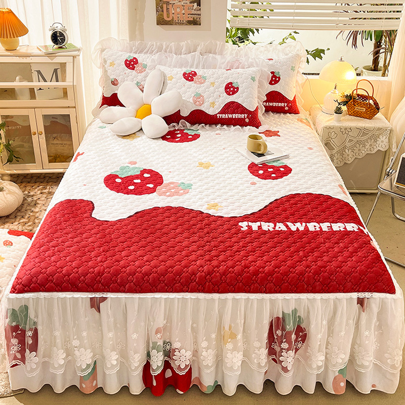 秋冬加厚水晶绒夹棉床裙单件珊瑚绒可爱公主风床围裙三件套保护罩