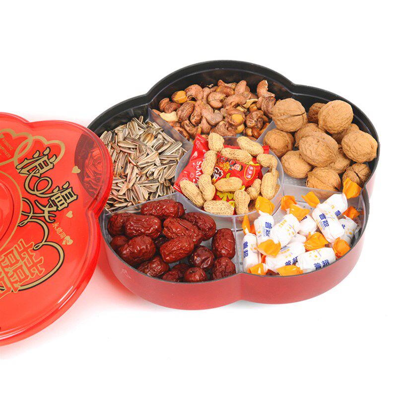 分格果盒旋转果盘大号家用干果盘带盖塑料糖果盒瓜子盘结婚庆红色