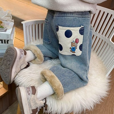 女童加绒牛仔裤冬装儿童洋气一体绒老爹裤子女宝宝冬季加厚休闲裤