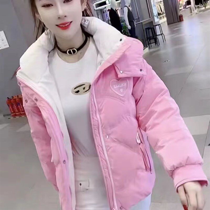 2023新款冬季羽绒棉服女短款亮面免洗拼色时尚加厚面包服棉衣外套