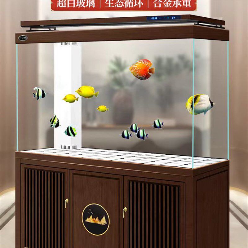 新中式家用大厅鱼缸超白玻璃办公室落地底滤免换水金龙鱼缸水族箱